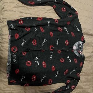 Black Cardigan with Red Lip Print